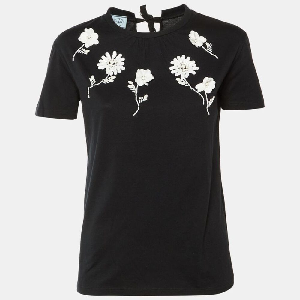 Prada Black Cotton Knit Floral Embellished Tie Detail T-Shirt Xs